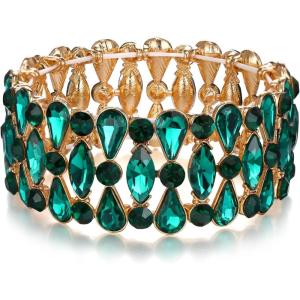 imageBriLove Wedding Bridal Teardrop Rhinestones Cluster Stretch Bangle Bracelet for BrideEmerald Color GoldTone
