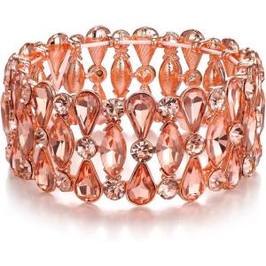 imageBriLove Wedding Bridal Teardrop Rhinestones Cluster Stretch Bangle Bracelet for BridePeach Morganite Color RoseGoldtone