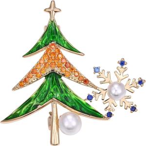 imageBriLove Womens Christmas Tree Snowflake Brooch Xmas Cubic Zirconia Pearl Enamel Pin Costume Gift Brown GoldTone
