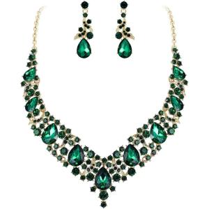 imageBriLove Womens Costume Elegant Crystal Teardrop Cluster Statement Necklace Dangle Earrings SetEmerald Color GoldTone