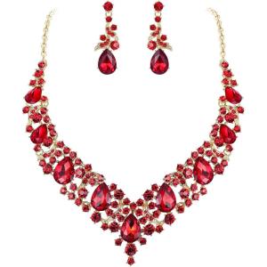 imageBriLove Womens Costume Elegant Crystal Teardrop Cluster Statement Necklace Dangle Earrings SetRuby Color GoldTone