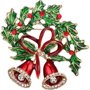 imageBrilove Merry Christmas Jingle Bell Brooch Xmas Rhinestone Enamel Pin Costume Gift for Women Grils Holiday GreenRed