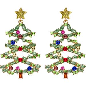 imageBrilove Womens Christmas Tree Earrings Xmas Star Marquise Rhinestone Crystal Dangle EarringGreen GoldTone