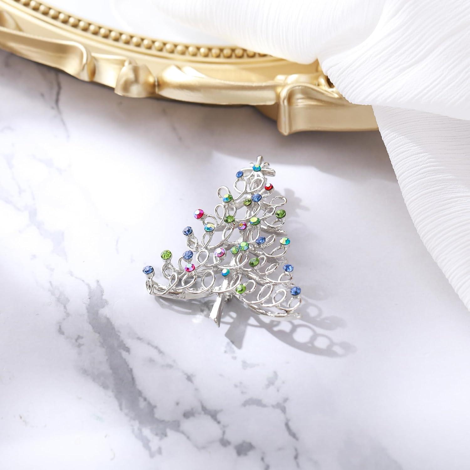 imageBriLove Merry Christmas Tree Brooch Pin Xmas Star Rhinestone Decorative Gift for Women Multicolor SilverTone