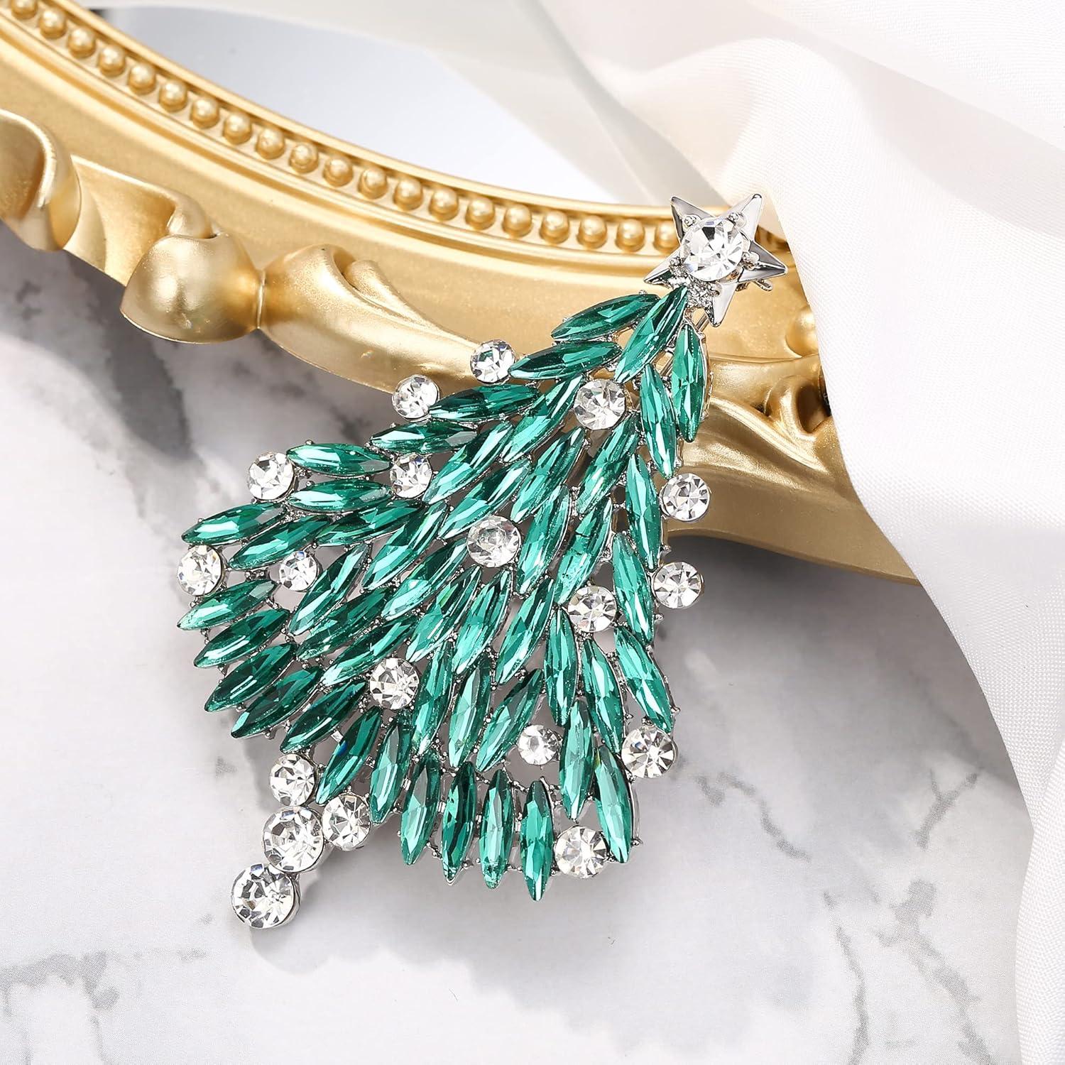 imageBriLove Merry Christmas Tree Brooch Xmas Star Rhinestone Marquise Decorative Gift for WomenEmerald Color SilverTone