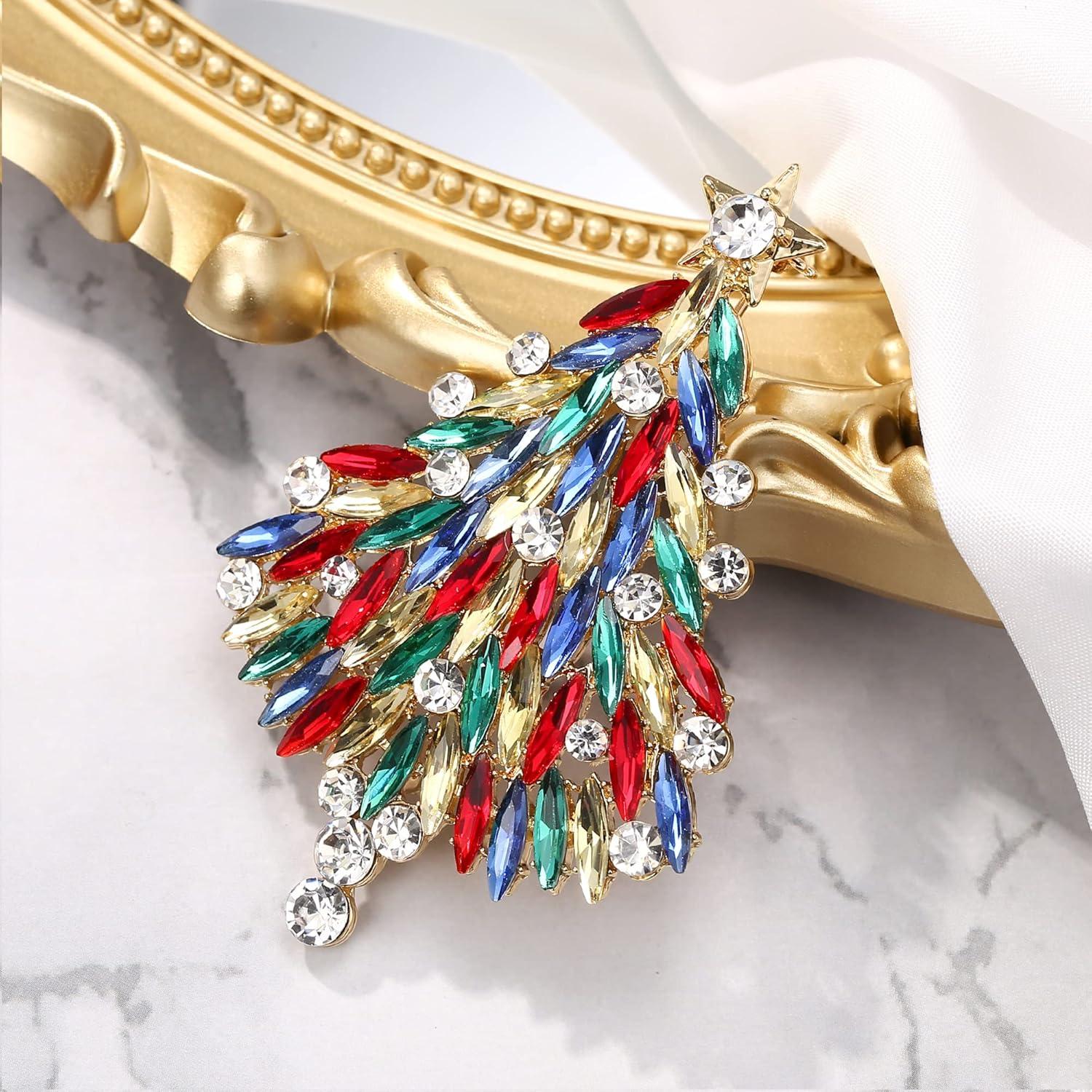imageBriLove Merry Christmas Tree Brooch Xmas Star Rhinestone Marquise Decorative Gift for WomenMulticolor GoldTone