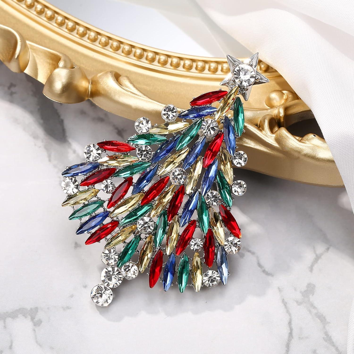 imageBriLove Merry Christmas Tree Brooch Xmas Star Rhinestone Marquise Decorative Gift for WomenMulticolor SilverTone