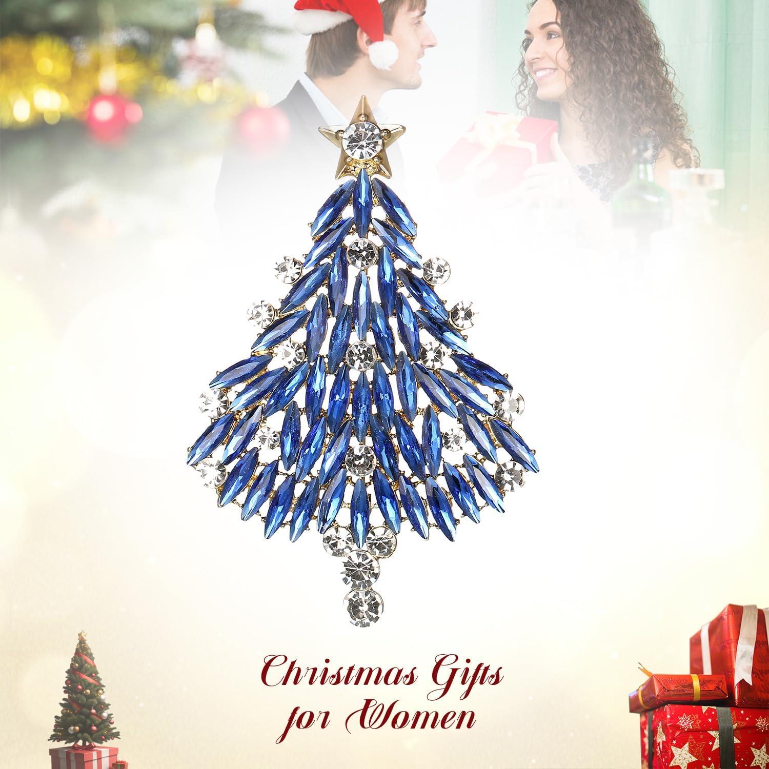 imageBriLove Merry Christmas Tree Brooch Xmas Star Rhinestone Marquise Decorative Gift for WomenSapphire Color GoldTone