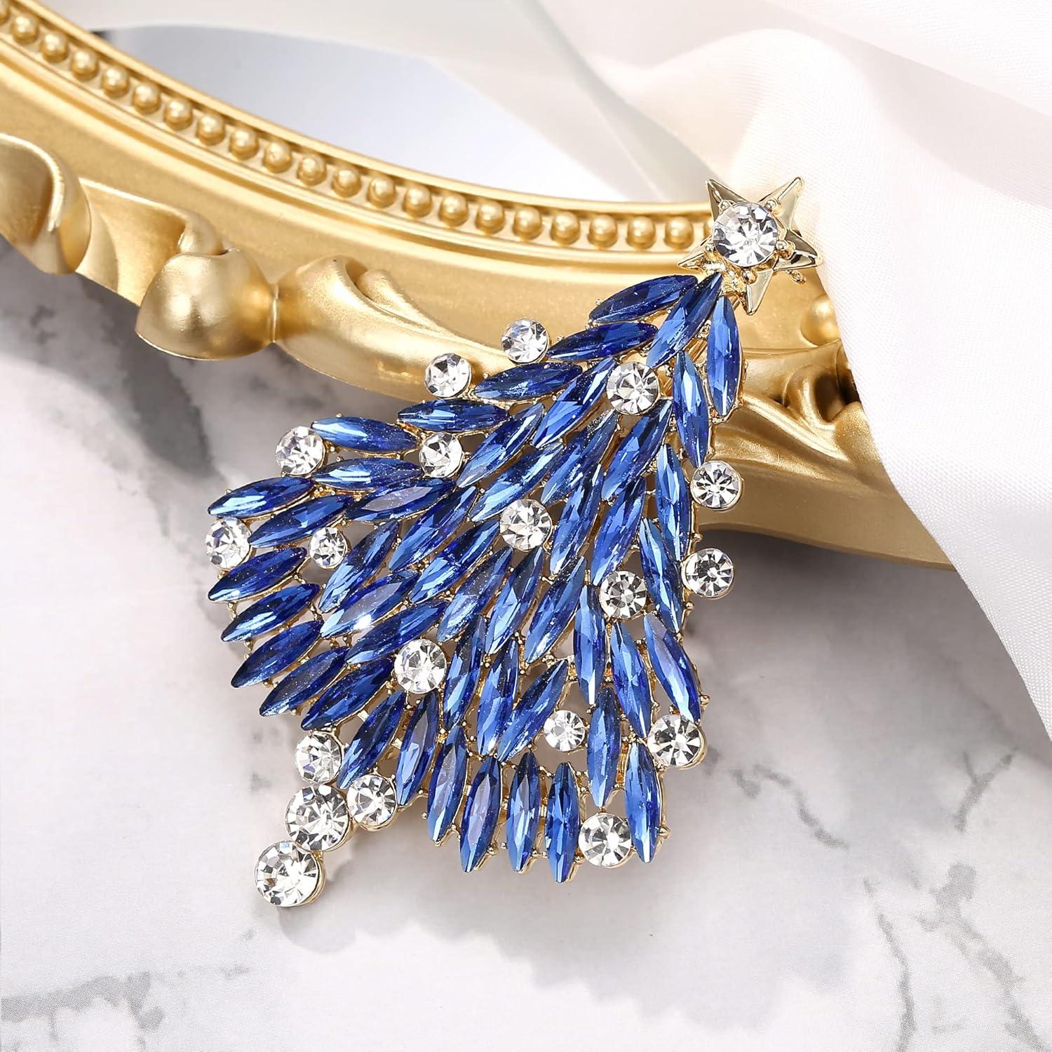 imageBriLove Merry Christmas Tree Brooch Xmas Star Rhinestone Marquise Decorative Gift for WomenSapphire Color GoldTone