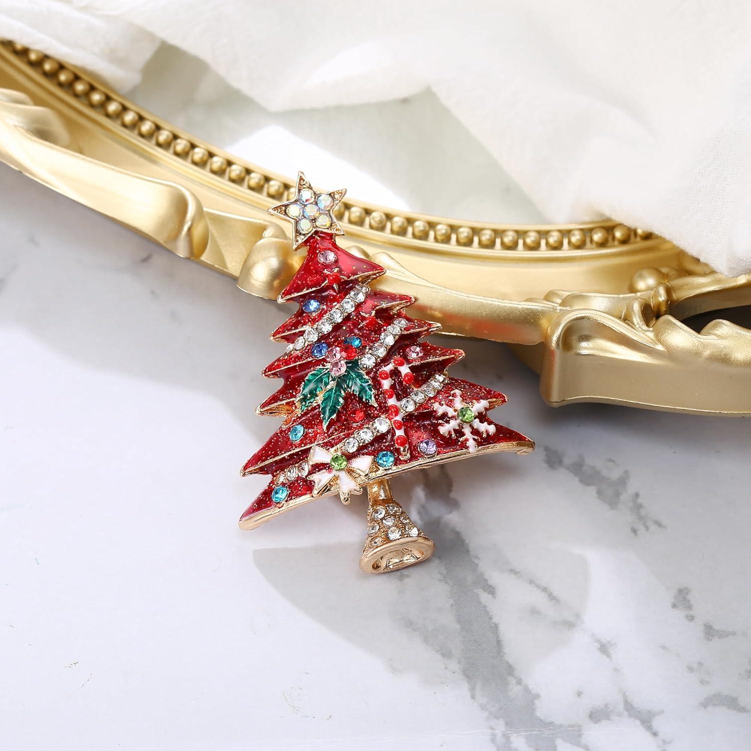 imageBriLove Merry Christmas Tree Brooch Xmas Star Snowflake Leaf Rhinestone Marquise Decorative Gift for Women Party Prom AccessoriesRuby Color