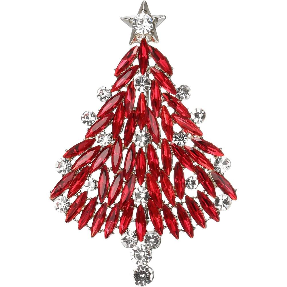 imageBriLove Merry Christmas Tree Brooch Xmas Star Rhinestone Marquise Decorative Gift for WomenColor SilverTone