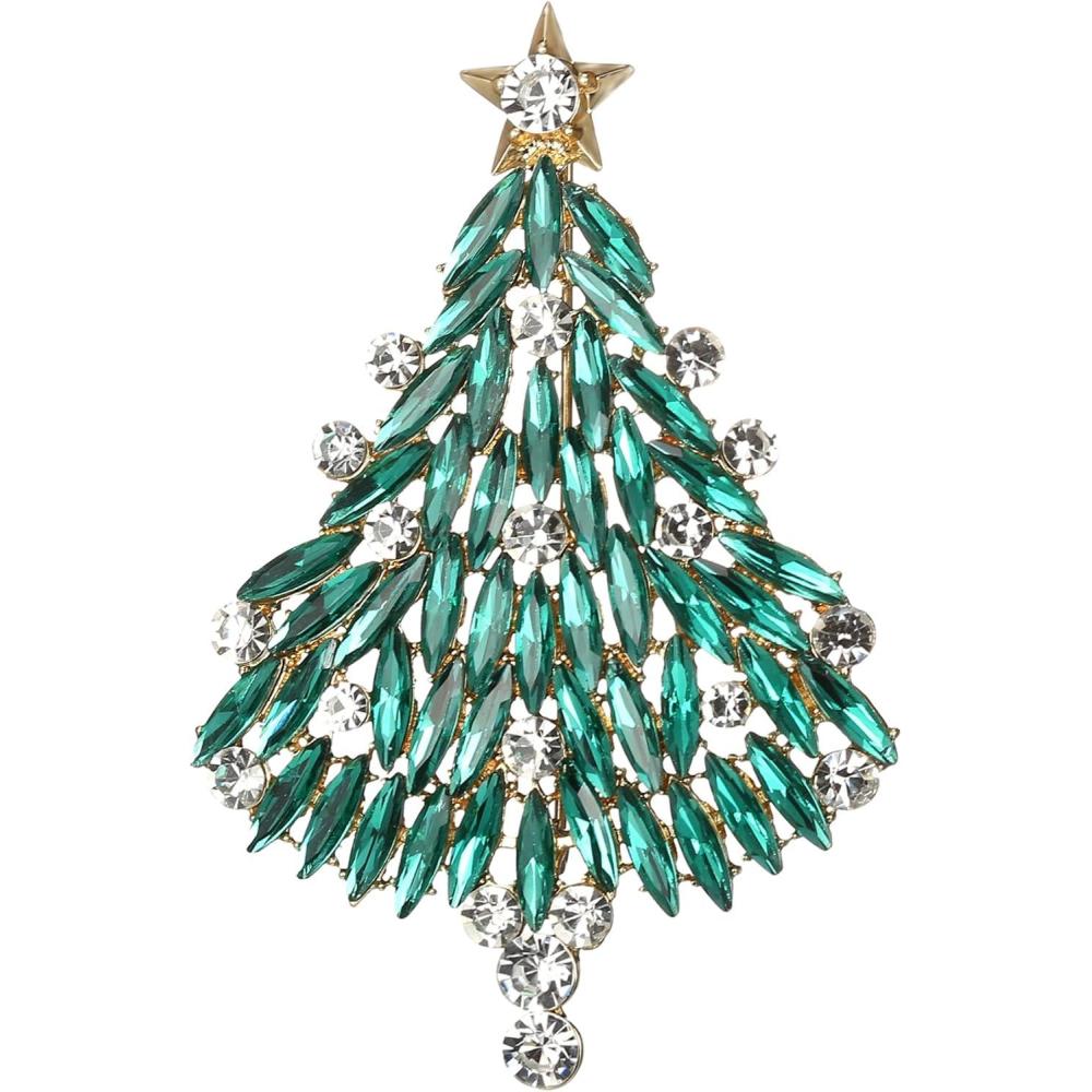 imageBriLove Merry Christmas Tree Brooch Xmas Star Rhinestone Marquise Decorative Gift for WomenEmerald Color GoldTone