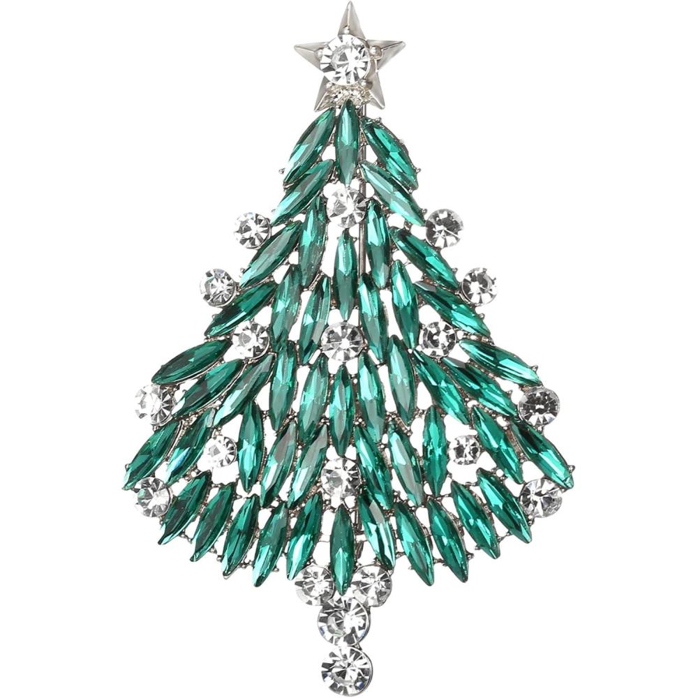 imageBriLove Merry Christmas Tree Brooch Xmas Star Rhinestone Marquise Decorative Gift for WomenEmerald Color SilverTone