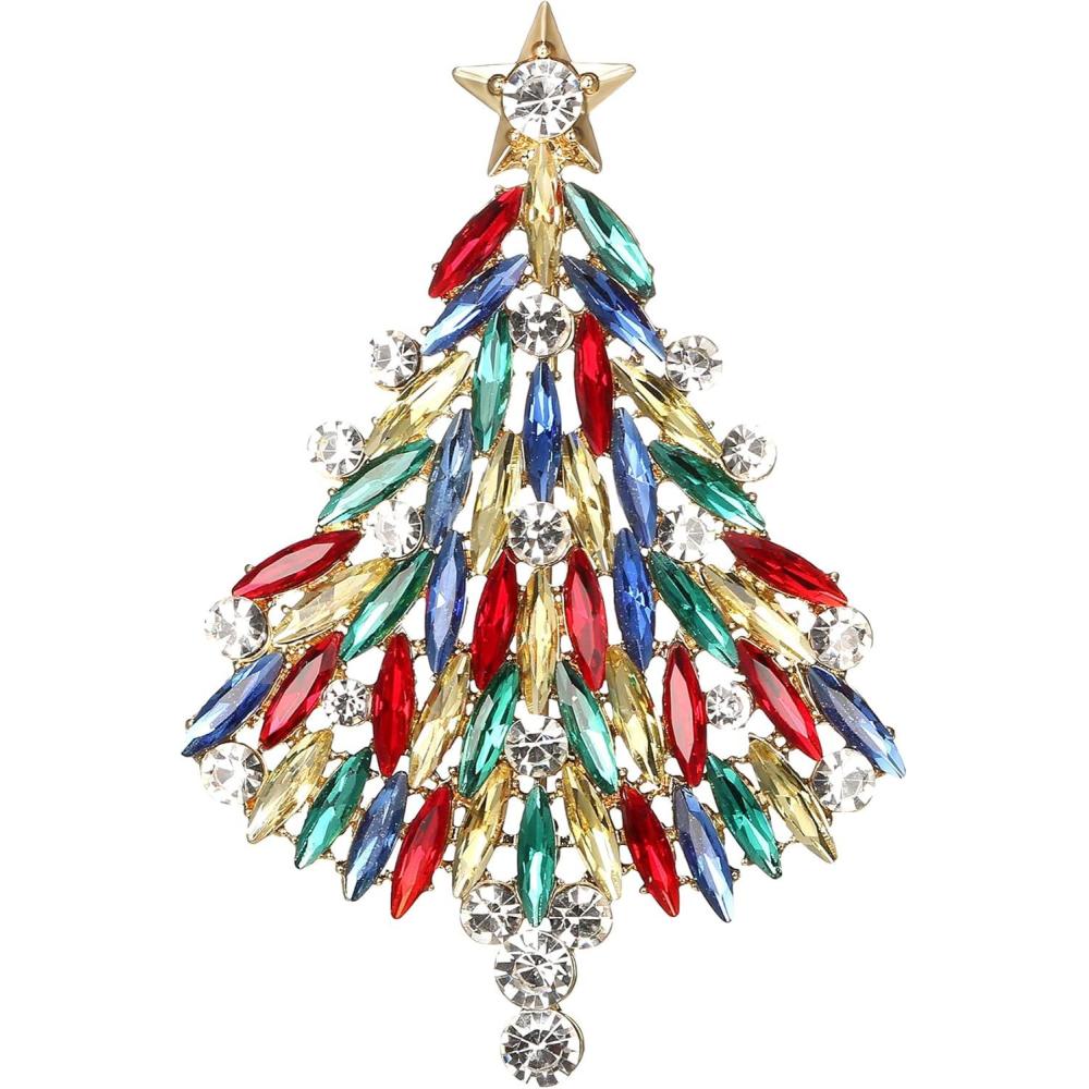imageBriLove Merry Christmas Tree Brooch Xmas Star Rhinestone Marquise Decorative Gift for WomenMulticolor GoldTone