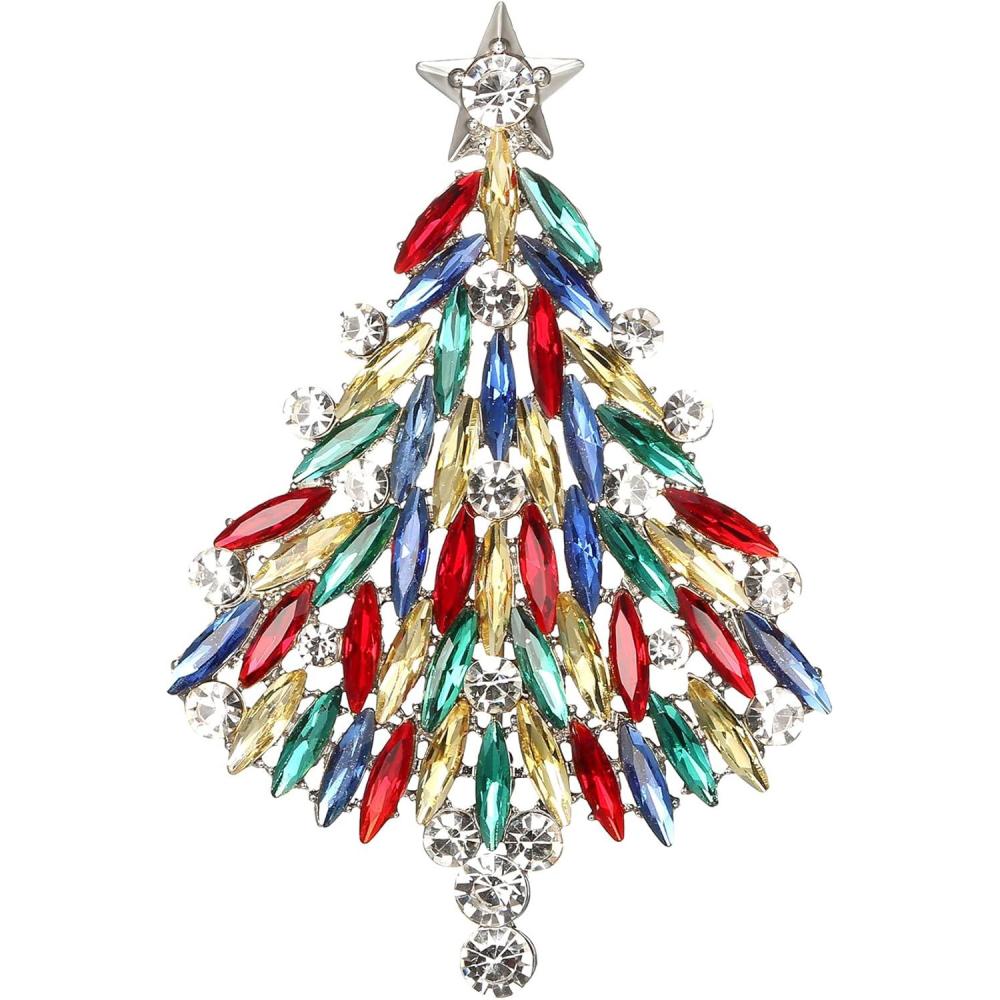 imageBriLove Merry Christmas Tree Brooch Xmas Star Rhinestone Marquise Decorative Gift for WomenMulticolor SilverTone