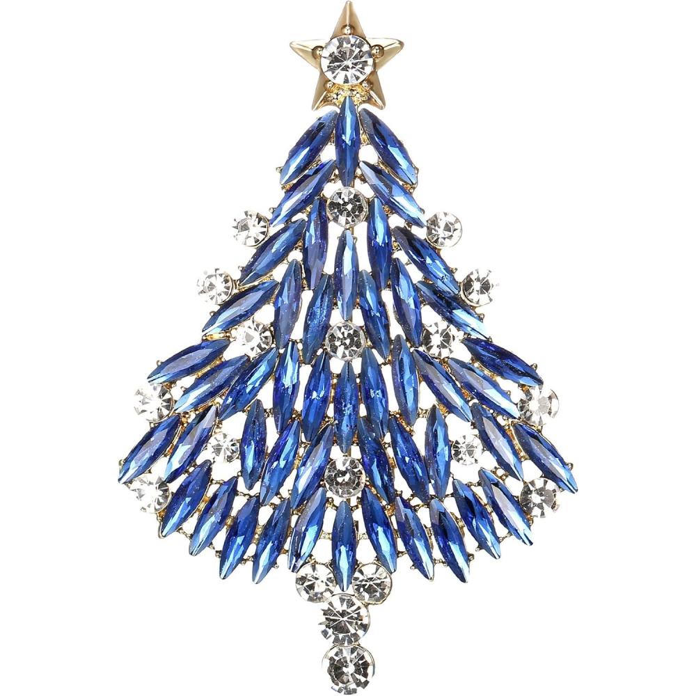 imageBriLove Merry Christmas Tree Brooch Xmas Star Rhinestone Marquise Decorative Gift for WomenSapphire Color GoldTone