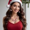 imageBriLove Santa Claus Christmas Element Party Costume Statement Bib Necklace Hook Earrings Jewelry Set Xmas Gift for WomenRuby Color GoldTone