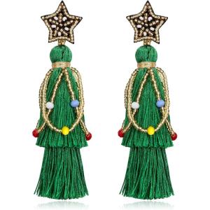imageBriLove Christmas Earrings Beaded Star Layered Fringe Thread Chandelier Dangle Tassel Earring for Women Green