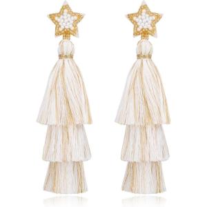 imageBriLove Christmas Earrings Beaded Star Layered Fringe Thread Chandelier Dangle Tassel Earring for Women White