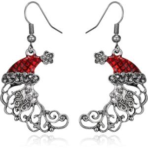 imageBriLove Christmas Earrings MoonShape Xmas Santa Claus Crystal Enamel Dangle Earring for Women Party HolidayGrey AntiqueSilverTone