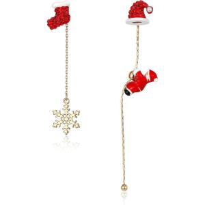 imageBriLove Christmas Earrings Snowflake Santa Claus Threader Tassel for Women Sock Xmas Hat Party Gifts Fashion Jewelry Ruby Color GoldTone