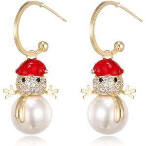 imageBriLove Christmas Earrings Xmas Santa Snowflake Simulated Pearl Crystal Enamel Dangle Jewelry for Women Party Holiday Clear GoldTone
