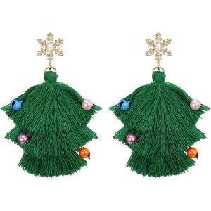 imageBriLove Christmas Tassel Earrings Collour Bell Snowflake Dangle Earring for Women Party Prom Holiday Emerald Color GoldTone