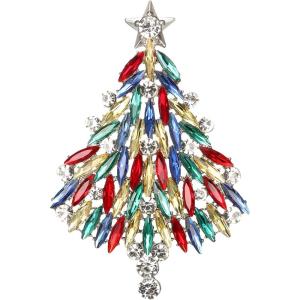 imageBriLove Merry Christmas Tree Brooch Xmas Star Rhinestone Marquise Decorative Gift for WomenMulticolor SilverTone