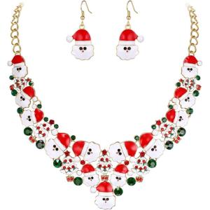 imageBriLove Santa Claus Christmas Element Party Costume Statement Bib Necklace Hook Earrings Jewelry Set Xmas Gift for WomenRuby Color GoldTone