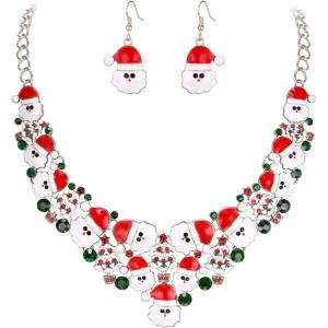 imageBriLove Santa Claus Christmas Element Party Costume Statement Bib Necklace Hook Earrings Jewelry Set Xmas Gift for WomenRuby Color SilverTone