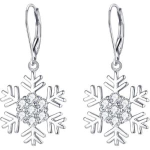 imageBriLove Snowflake Earrings for Women CZ Leverback Dangle Jewelry Clear SilverTone