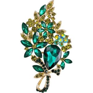 imageBriLove Stunning Elegant Crystal Rhinestone Teardrop Marquise Bouquet Brooch Pin for WomenEmerald Color GoldTone