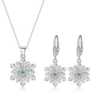 imageBriLove Winter Snowflake Jewelry Set for WomenGorgeous Shiny Cubic Zirconia Elegant Pendant Necklace Leverback Dangle Earrings Christmas PartyBlue