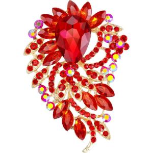 imageBriLove Womens Crystal Rhinestone Teardrop Marquise Cluster Flower Statement Brooches Pins for Wedding Party PromRuby Color GoldTone