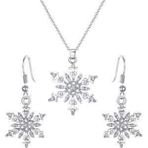 imageBriLove Womens Crystal Winter Daily Party Elegant Snowflake Pendant Necklace Hook Dangle Earrings Set for Gift01Clear SilverTone