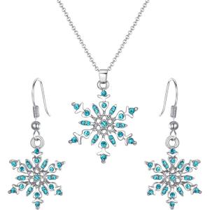 imageBriLove Womens Crystal Winter Daily Party Elegant Snowflake Pendant Necklace Hook Dangle Earrings Set for Gift03Blue Topaz SilverTone