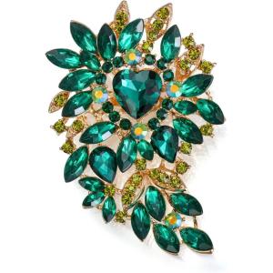 imageBriLove Womens Stunning Crystal Rhinestone Marquise Cluster Heart Shaped Leaf Brooch Pin for Wedding Party PromEmerald Color GoldTone