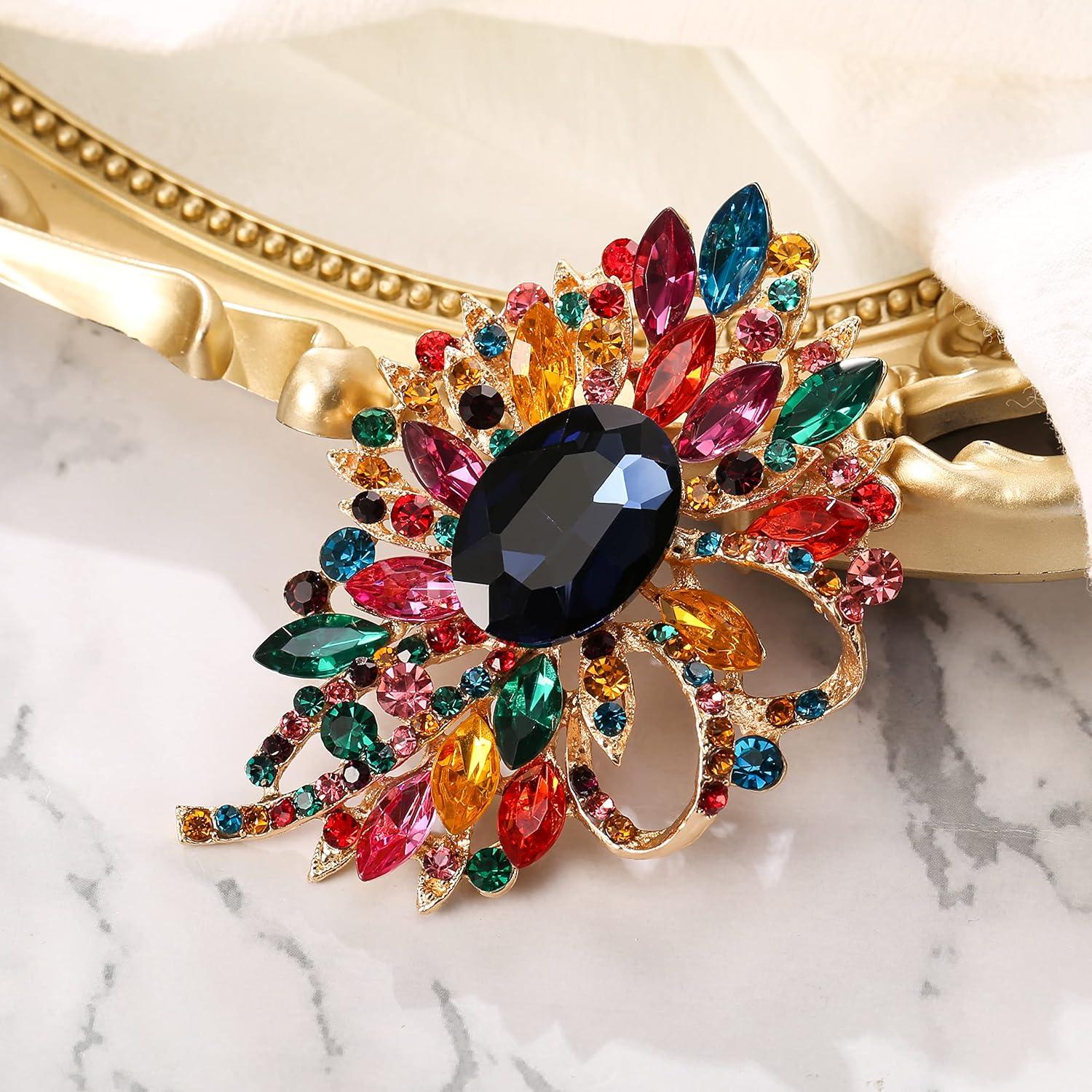 imageBriLove Womens Stunning Crystal Rhinestone Marquise Large Flower Bow Brooches Scarf Decoration Brooch Pin for Wedding PartyMulticolor GoldTone