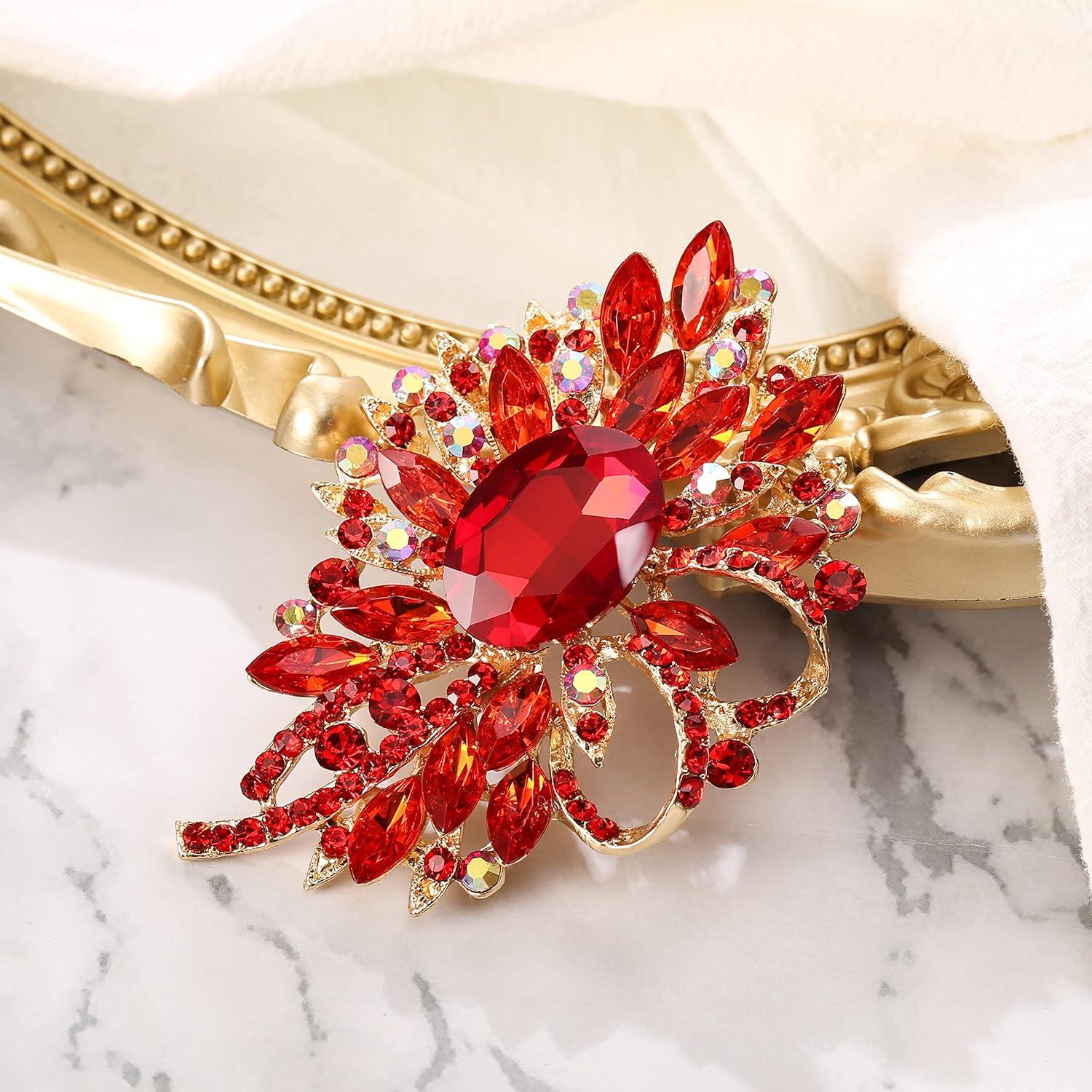 imageBriLove Womens Stunning Crystal Rhinestone Marquise Large Flower Bow Brooches Scarf Decoration Brooch Pin for Wedding PartyRuby Color GoldTone