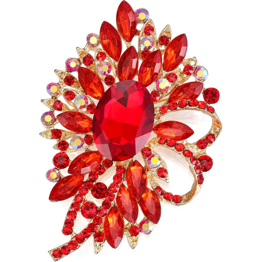 imageBriLove Womens Stunning Crystal Rhinestone Marquise Large Flower Bow Brooches Scarf Decoration Brooch Pin for Wedding PartyRuby Color GoldTone