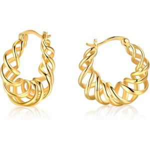 imageBriLove 14K Gold Plated Hoop Earrings for Women Mom 925 Sterling Silver Twist Huggie Hoops Gifts for Daily WearMothers DayValentines DayBirthdayChristmasAnniversary