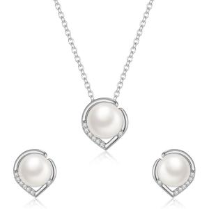 imageBriLove 925 Sterling Silver Freshwater Cultured Pearl Cubic Zirconia Heart Pendant Necklace Stud Earrings Jewelry Set for Women Mothers DayBirthdayValentines DayChristmasIvory Color SilverTone