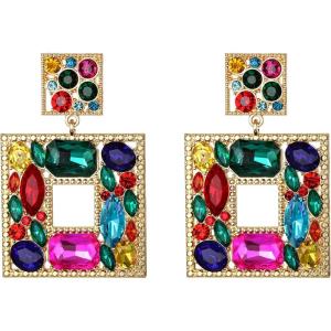 imageBriLove Art Deco Sparkly Rhinestone Geometric Emerald Cut Statement Dangle Earrings for Women Multicolor Goldtone
