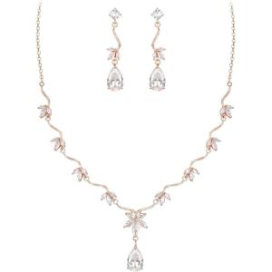 imageBriLove Wedding Jewelry Set for Women Cubic Zirconia Teardrop Marquise Flower Leaf Filigree Necklace EarringsClear RoseGoldTone