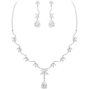 imageBriLove Wedding Jewelry Set for Women Cubic Zirconia Teardrop Marquise Flower Leaf Filigree Necklace EarringsClear SilverTone