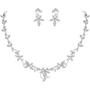 imageBriLove Wedding Jewelry for Bride Bridesmaid Gorgeous Shiny Marquise CZ Flower Leaf Filigree Necklace Earrings Set for Wedding Party Prom Accessories01SilverTone