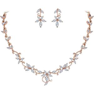imageBriLove Wedding Jewelry for Bride Marquise CZ Flower Leaf Filigree Necklace Earrings Set Clear RoseGoldToned