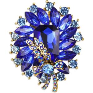imageBriLove Women s Elegant Stunning Crystal Rhinestone Marquise Emerald Cut Leaf Knot Bouquet Brooch Pin for Party PromBlue GoldTone