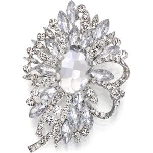 imageBriLove Womens Stunning Crystal Rhinestone Marquise Large Flower Bow Brooches Scarf Decoration Brooch Pin for Wedding PartyClear SilverTone