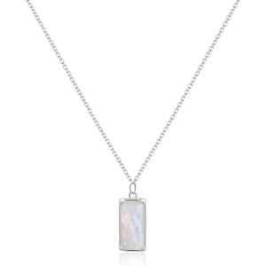 imageBriLove 925 Sterling Silver Nature Stone Minimalistic Moonstone Opal Agate Choker Pendant Necklace Gift for Women BirthdayMothers DayValentines DayChristmasRectangle Moonstone